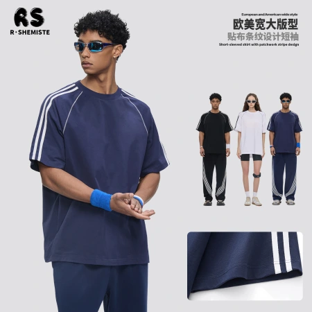 RS Men's Wear: Cross-border sporty Hasselblad striped 240G pure cotton short-sleeved T-shirt for men, American street color contrast and patchwork short-sleeved RS Men's Wear: Cross-border sporty Hasselblad striped 240G pure cotton short-sleeved T-shirt for men, American street color contrast and patchwork short-sleeved